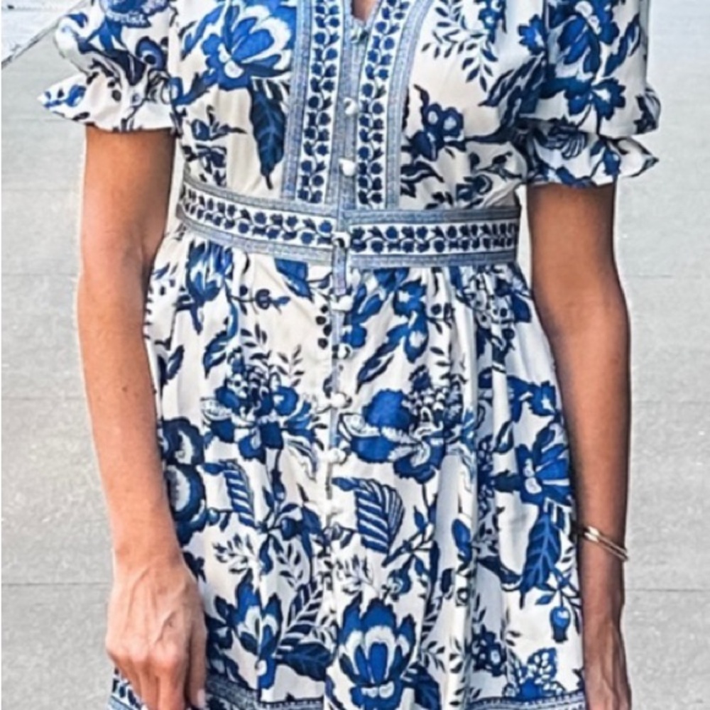 Blue and White Tiered Puff Sleeve Sundress